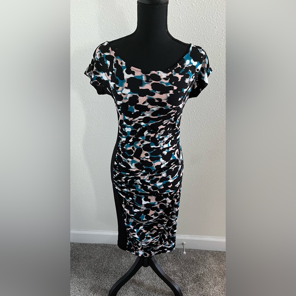 RACHEL Rachel Roy Black, White & Teal Print Midi Dress